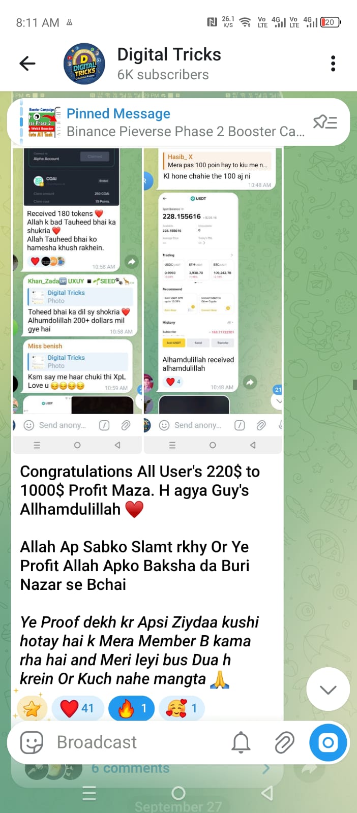 Digital Tricks Telegram channel showing members celebrating profits — 6K subscribers
