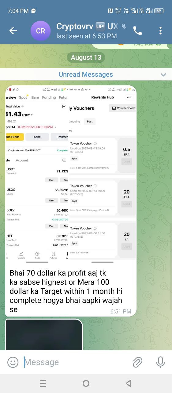Telegram DM — Cryptovrv achieved 70 dollar highest profit, monthly 100 dollar target completed