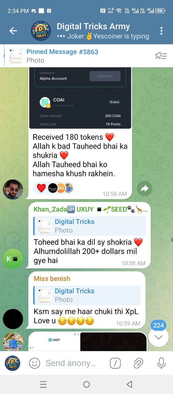 Digital Tricks Army Telegram group — Khan Zada: 200+ dollars profit, community members celebrating