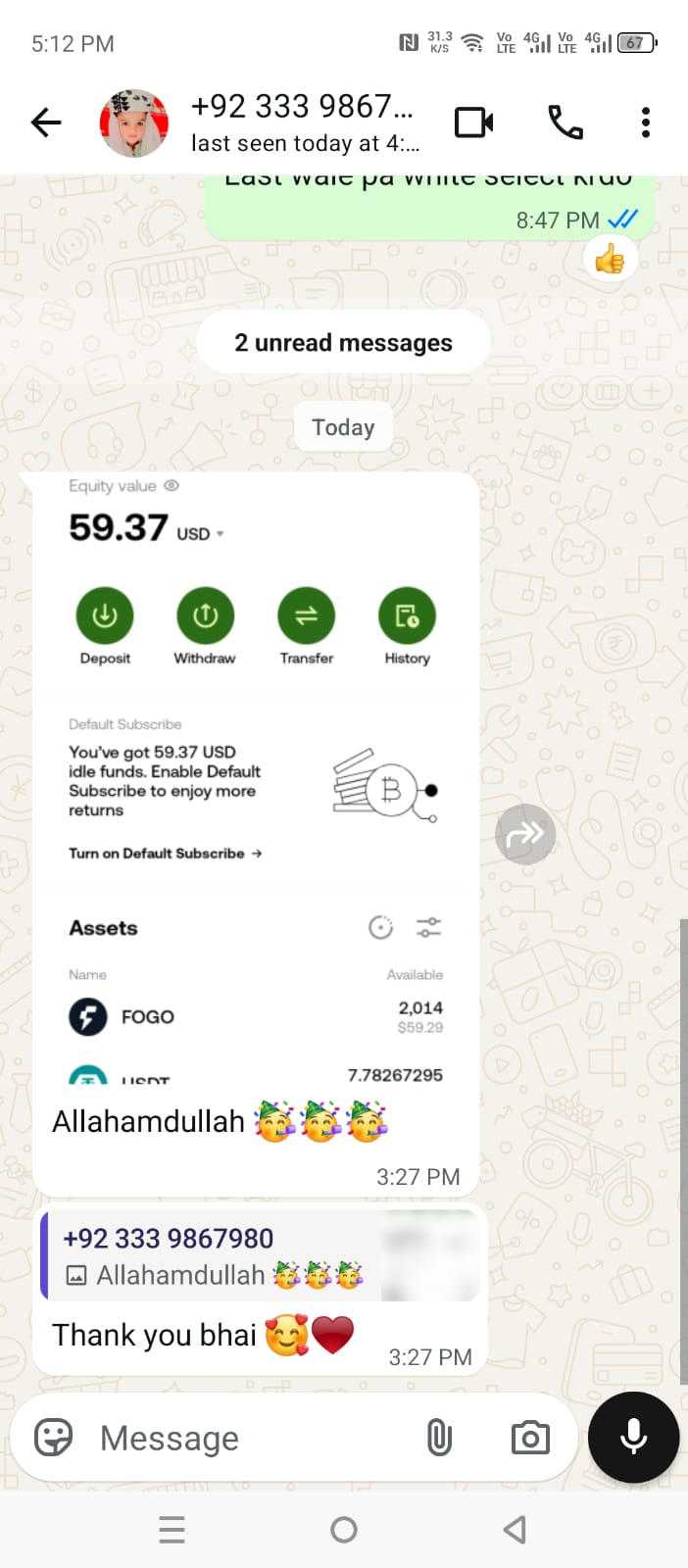WhatsApp — member shows 59.37 USD portfolio value with Alhamdulillah celebration